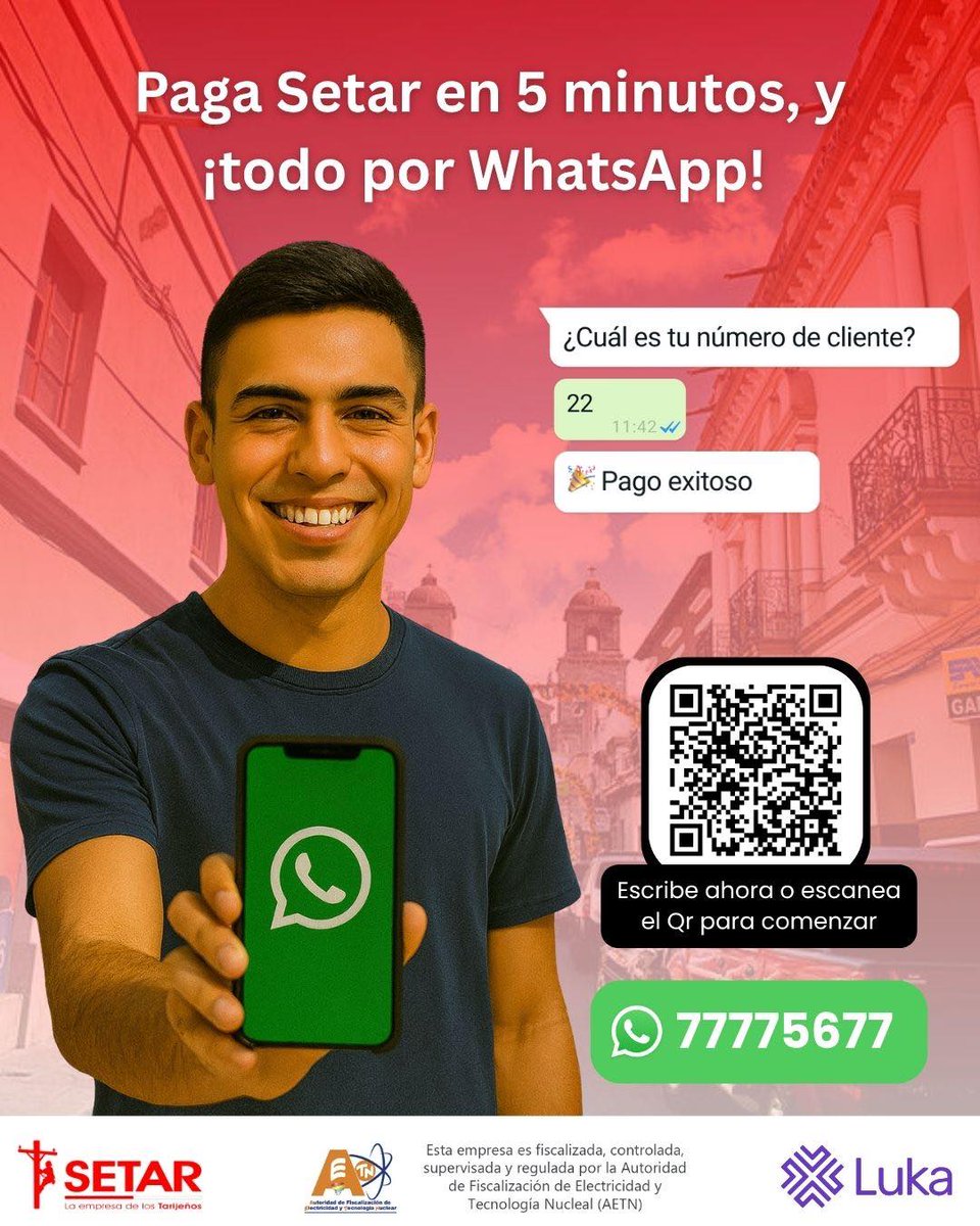 PlusTLT's tweet image. Pagar tu factura de Setar es tan fácil como enviar un mensaje de WhatsApp
Ingresa al enlace: chat.luka.bo/SetarWA o escribe al 77775677 para comenzar
#Setar #LaEmpresaDeLosTarijeños #Tarija #Bolivia