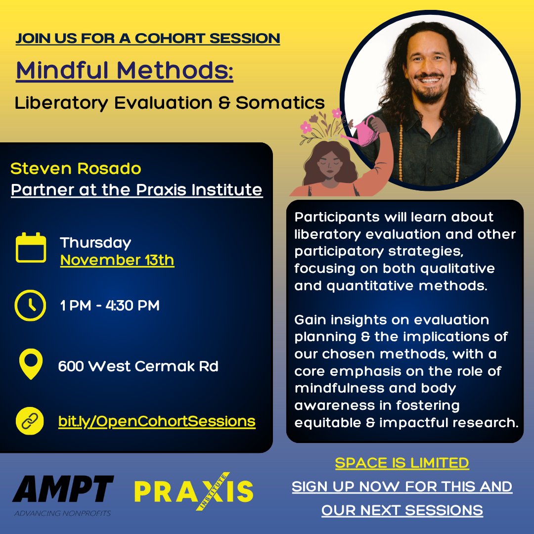 Our Evaluations Cohort sessions are opening up!

You can now register to join us for any of  the next 4 sessions, including next month's in-person session, Mindful Methods: Liberatory Evaluation &amp; Somatics!

Register now at bit.ly/OpenCohortSess…

#EvaluationsCohort #Praxis