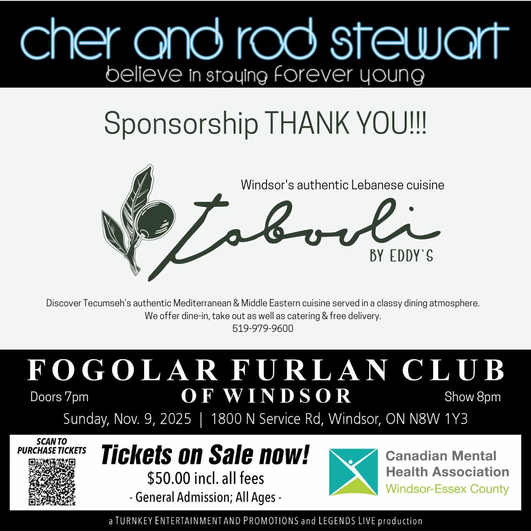 Oceansoap's tweet photo. We’re  thrilled to welcome Tabouli by Eddie’s as one of our proud sponsors for the Cher &amp; Rod Stewart Tribute at the @FogolarWindsor in support of the Canadian Mental Health Association - Windsor's Bereavement Program . #YQG #CMHA https://t.co/Aaf8ApV19o