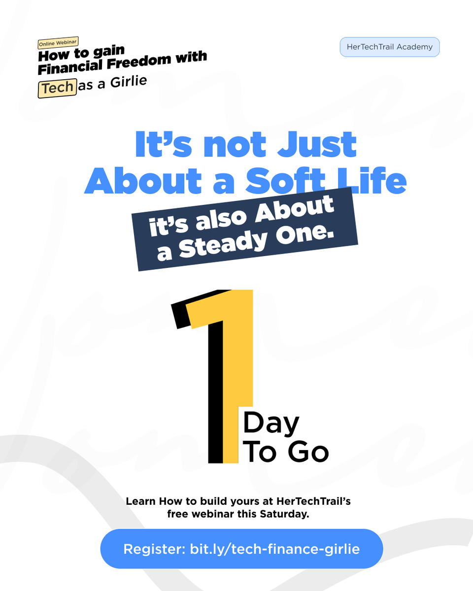 hertechtrail's tweet image. You can build that steady life with tech.
Tomorrow, we’ll show you how at our free online webinar 
“How to Gain Financial Freedom with Tech as a Girlie.”

⏰ It’s just 1 day to go!

Register here: bit.ly/tech-fiance-gi…

#HerTechTrail #WomenInTech #TechWebinar
