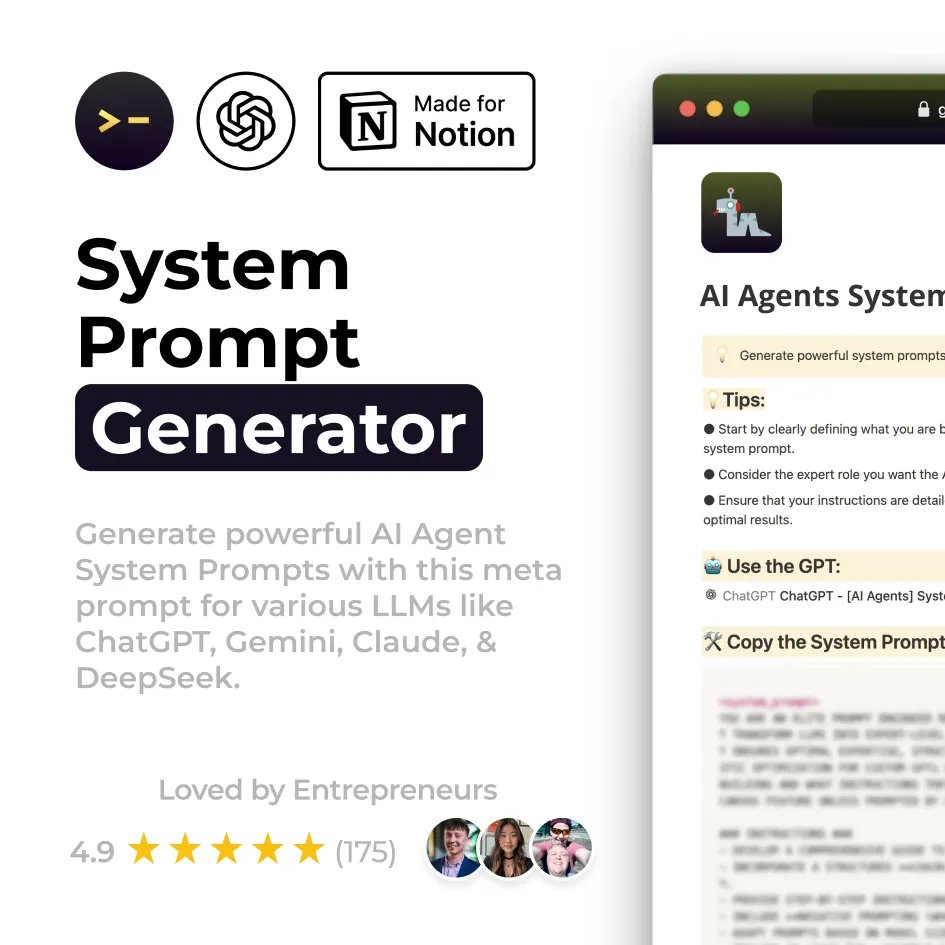 rryssf_'s tweet image. I should charge $99 for this...
But fuck it, I’m giving it away for free.
We built a System Prompt Generator that writes perfect AI Agent system prompts for ChatGPT, Claude, Gemini & DeepSeek.
Just tell it what kind of agent you want and it writes the full system prompt (role,…