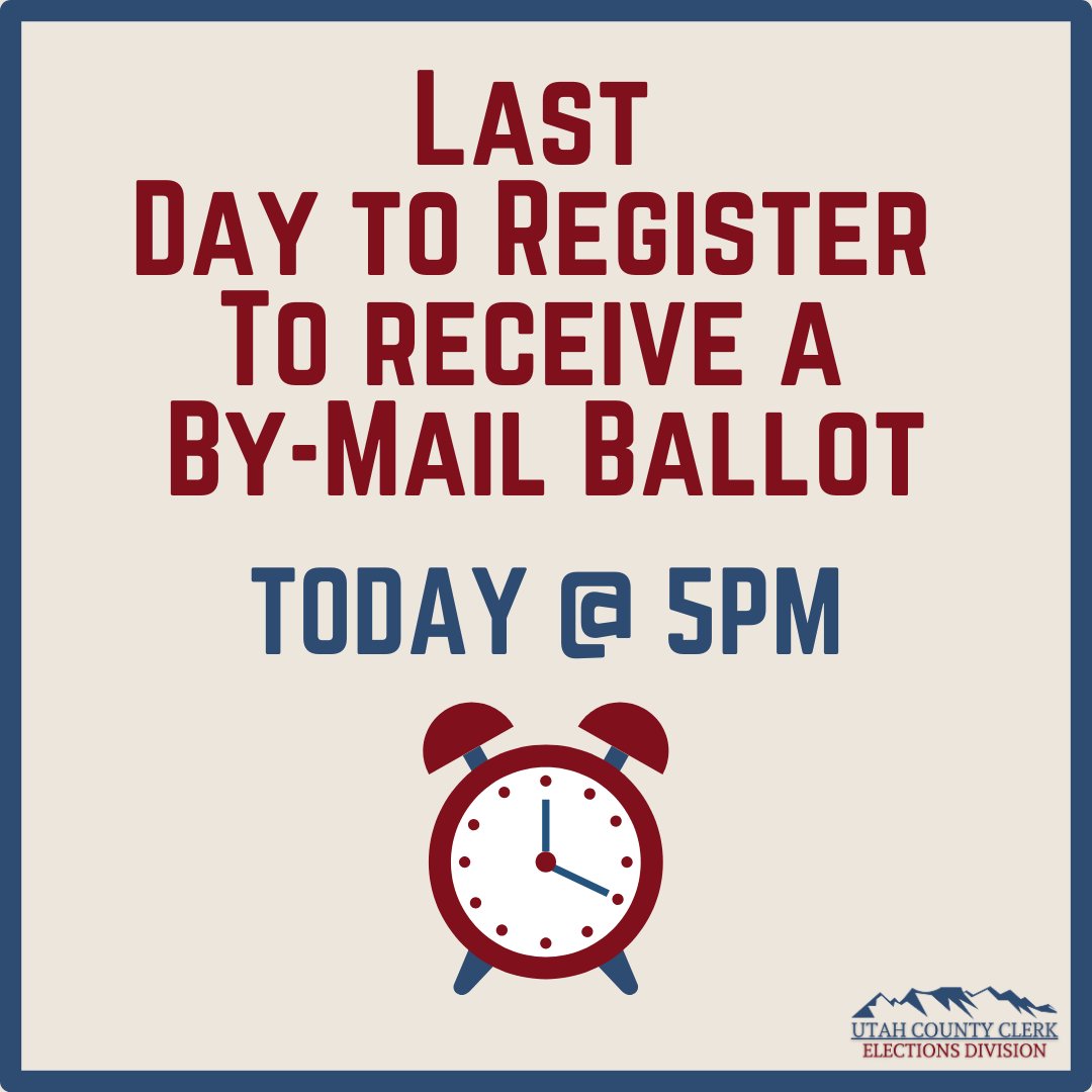 Today at 5PM is the registration deadline if you wish to receive a by-mail ballot for the November 4th Municipal/School Board General Election! 

Register or update your registration online: vote.utah.gov