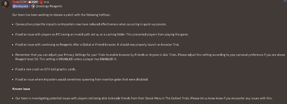 OutlastTIntel's tweet photo. HotFix patch released https://t.co/6NJAMKxz9p