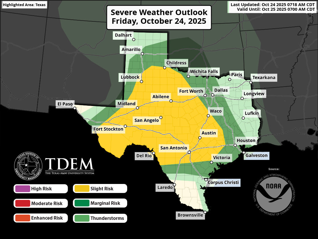 🌩️Severe storms threaten most of the state today.

Stay weather aware and review your safety plan: ready.gov/severe-weather

✅Secure outdoor items
⚡Avoid flooded roads
📱Sign up for local alerts

#txwx
