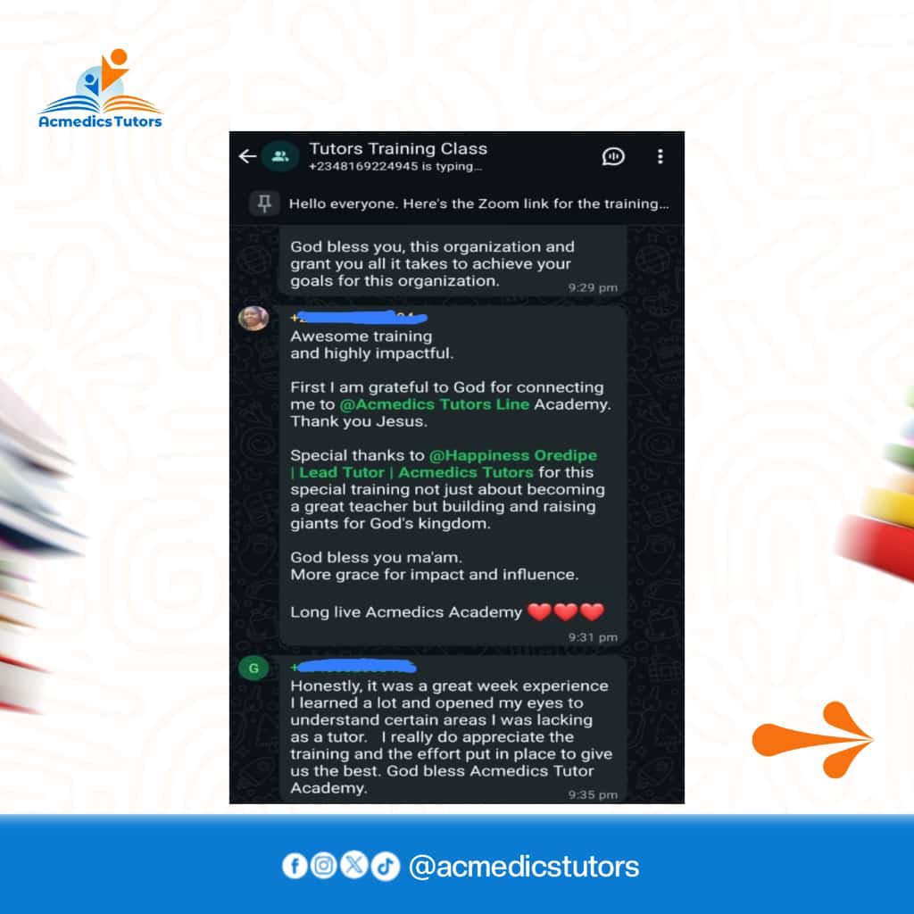 AcmedicsHomes's tweet image. The reviews are IN, and they are FIRE! 🔥🔥🔥
We just wrapped up our intensive 10-Day Tutors Training, and the feedback from our participants has been absolutely phenomenal.

Ready to be taught by the best? That’s our promise.

#TutorTraining #AcmedicsExcellence #CertifiedTutors