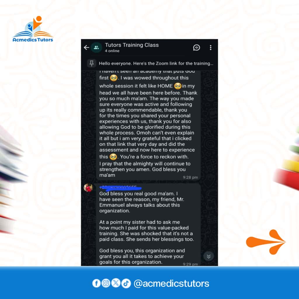 AcmedicsHomes's tweet image. The reviews are IN, and they are FIRE! 🔥🔥🔥
We just wrapped up our intensive 10-Day Tutors Training, and the feedback from our participants has been absolutely phenomenal.

Ready to be taught by the best? That’s our promise.

#TutorTraining #AcmedicsExcellence #CertifiedTutors