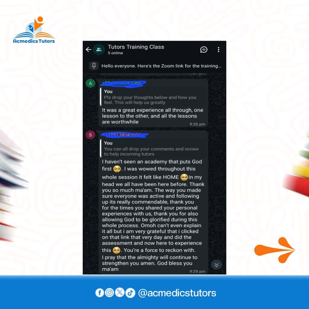 AcmedicsHomes's tweet image. The reviews are IN, and they are FIRE! 🔥🔥🔥
We just wrapped up our intensive 10-Day Tutors Training, and the feedback from our participants has been absolutely phenomenal.

Ready to be taught by the best? That’s our promise.

#TutorTraining #AcmedicsExcellence #CertifiedTutors