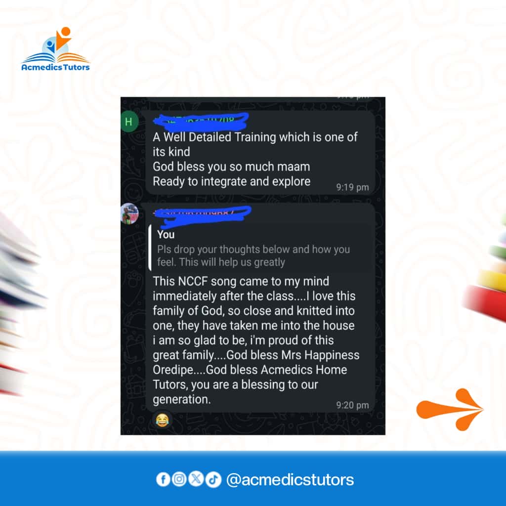 AcmedicsHomes's tweet image. The reviews are IN, and they are FIRE! 🔥🔥🔥
We just wrapped up our intensive 10-Day Tutors Training, and the feedback from our participants has been absolutely phenomenal.

Ready to be taught by the best? That’s our promise.

#TutorTraining #AcmedicsExcellence #CertifiedTutors