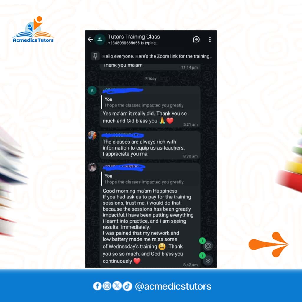 AcmedicsHomes's tweet image. The reviews are IN, and they are FIRE! 🔥🔥🔥
We just wrapped up our intensive 10-Day Tutors Training, and the feedback from our participants has been absolutely phenomenal.

Ready to be taught by the best? That’s our promise.

#TutorTraining #AcmedicsExcellence #CertifiedTutors