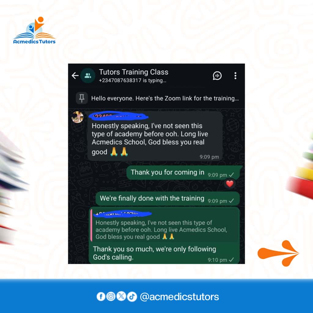 AcmedicsHomes's tweet image. The reviews are IN, and they are FIRE! 🔥🔥🔥
We just wrapped up our intensive 10-Day Tutors Training, and the feedback from our participants has been absolutely phenomenal.

Ready to be taught by the best? That’s our promise.

#TutorTraining #AcmedicsExcellence #CertifiedTutors