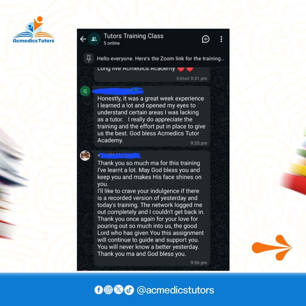 AcmedicsHomes's tweet image. The reviews are IN, and they are FIRE! 🔥🔥🔥
We just wrapped up our intensive 10-Day Tutors Training, and the feedback from our participants has been absolutely phenomenal.

Ready to be taught by the best? That’s our promise.

#TutorTraining #AcmedicsExcellence #CertifiedTutors