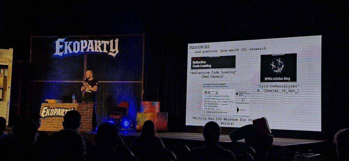 DrAzureAD's tweet image. Now on the @ekoparty main stage: @patrickwardle shows how to do macOS reflective code loading 🔥
(also nice shout-outs to folks like @_xpn_ )