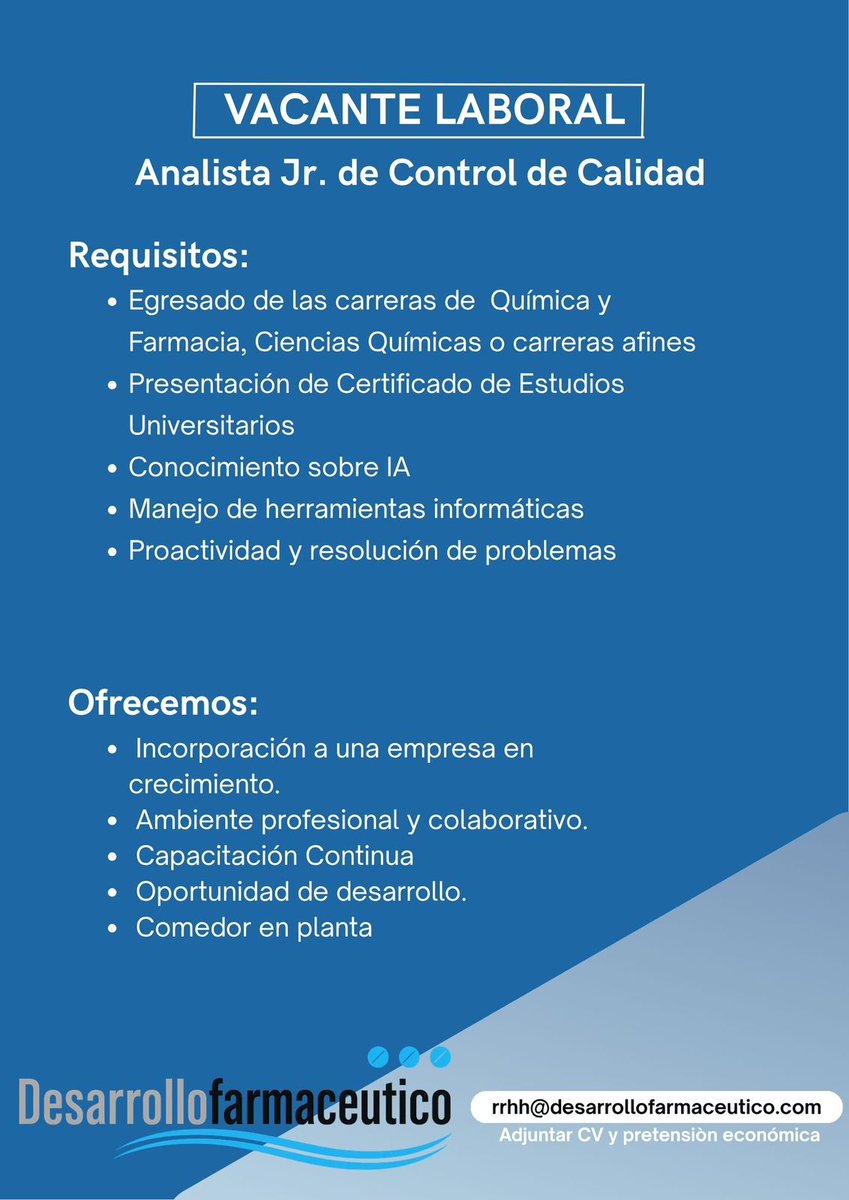 TrabajosPy's tweet image. Ofertas de trabajo para:

- Analista Jr de control de calidad
- Analista de control de calidad