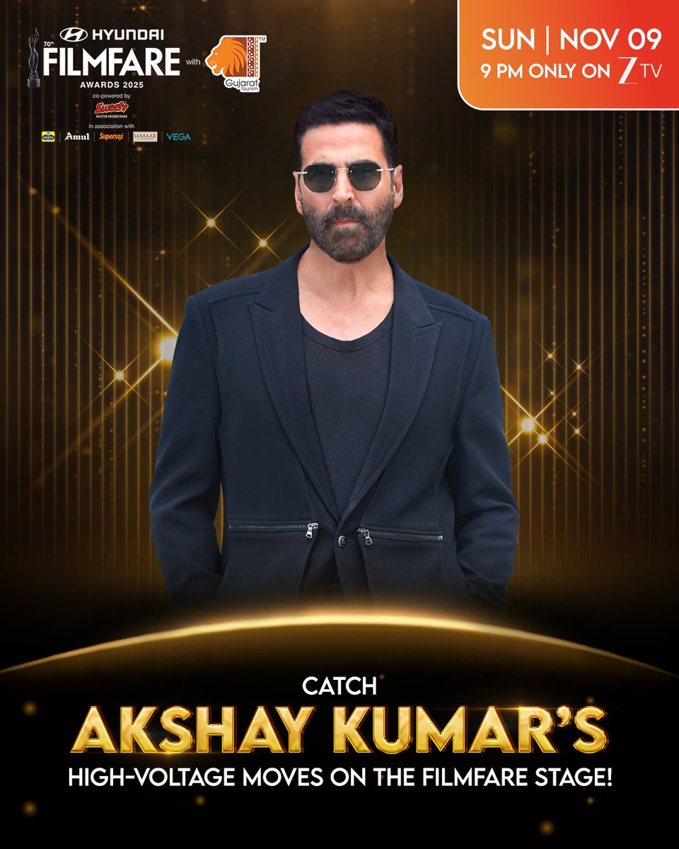 filmfare's tweet photo. Watch #AkshayKumar take over the stage with his unstoppable energy and power-packed performance on November 9, at 9 PM, only on Zee TV 💥

Tune in to experience a show full of action, energy, and electrifying moves 🔥

#70thHyundaiFilmfareAwards2025WithGujaratTourism 

Title Partner: @HyundaiIndia

Destination Partner:
@GujaratTourism

Co-Powered By: @SweetybyMRGroup

Associate Partners: @Gopal_Namkeen
@Supersox_India

#GujaratTourism #FilmfareAwards2025 #Filmfareawards #Filmfare #FilmfareInGujarat #KuchhDinToGuzaroGujaratMein #KhushbuGujaratKi #TheLandOfLegends

#HyundaiIndia