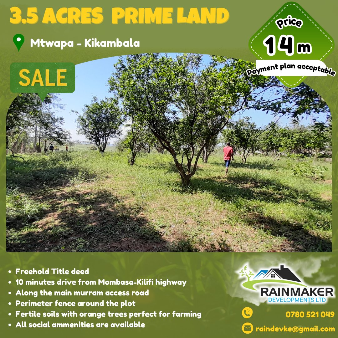 KeRainmaker's tweet image. 🌟 Prime Land Investment Alert! 🌿

Own 3.5 acres in Majengo–Kikambala for KES 14M!
✅ Fertile soil &amp;amp; flat terrain – ideal for farming or development
✅ Great road &amp;amp; market access in a fast-growing area

📞 0780521049 | 📧 raindevke@gmail.com