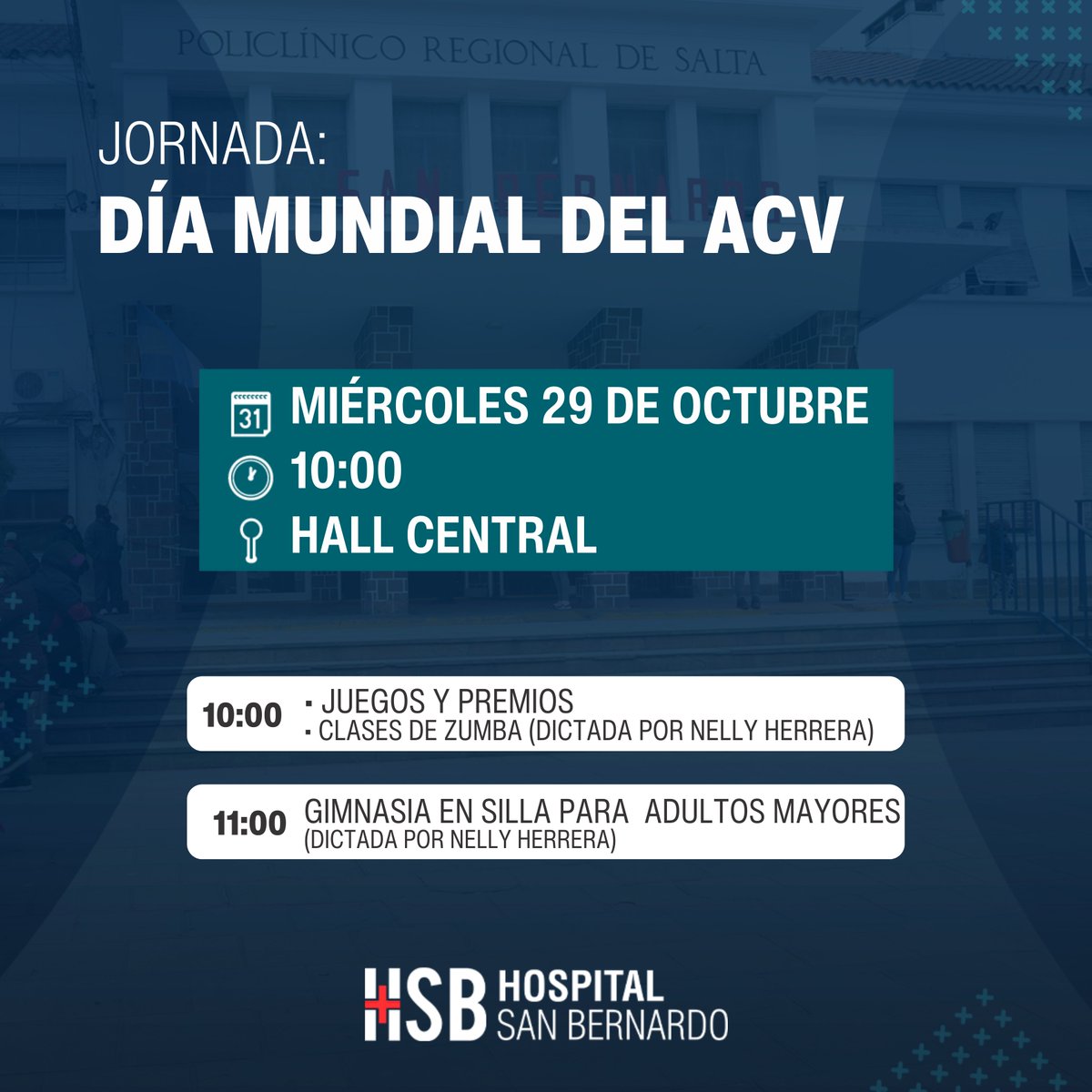 📌 EL HSB REALIZARÁ UNA JORNADA POR EL DÍA MUNDIAL DEL ACV

El HSB invita, a toda la comunidad, a participar de una jornada con el objetivo de crear conciencia sobre la importancia de reconocer sus síntomas y el acceso oportuno a un tratamiento de calidad.
