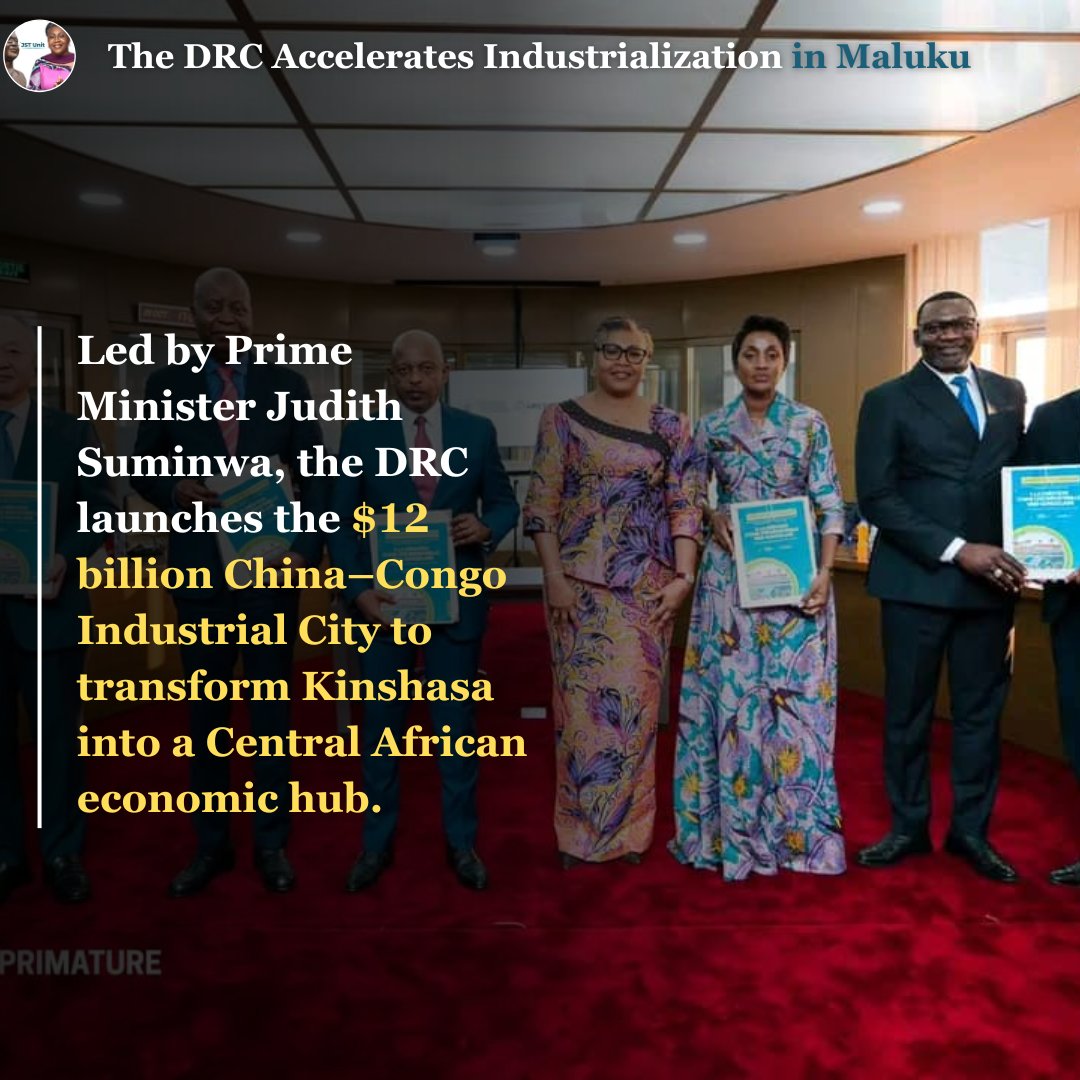 Jst_Unit's tweet photo. Under the leadership of Prime Minister Judith Suminwa Tuluka, the Democratic Republic of Congo has reached a major milestone.

The Government has signed an agreement with the Sino-Congo Special Zone (SCSZ) consortium for the creation of the China–Congo Industrial City in Maluku — a monumental $12 billion project spanning 75 km².

- 1,200 industrial units
- 150,000 jobs expected
- Goal: to ease congestion in Kinshasa and position it as a major economic hub in Central Africa
A concrete realization of the vision of the President of the Republic and the Suminwa Government, driven by the APCSC.
#DRC #JudithSuminwa #EconomicGrowth #IndustrialDevelopment #ChinaCongoPartnership #Maluku #CentralAfrica #Investment #JobCreation #Innovation #Leadership #Infrastructure #Sustainability #Transformation #VisionInAction