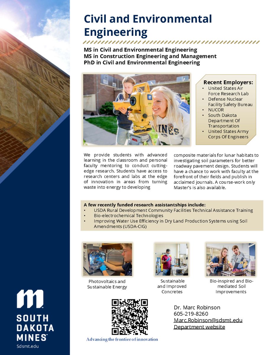 SDSMT_GradEdu's tweet image. Program Feature Friday! Today we present our Civil and Environmental Engineering program. Do you or someone you know have an interest in this program? Please contact Dr. Robinson. #SouthDakotaMines #civilengineering #environmentalengineering