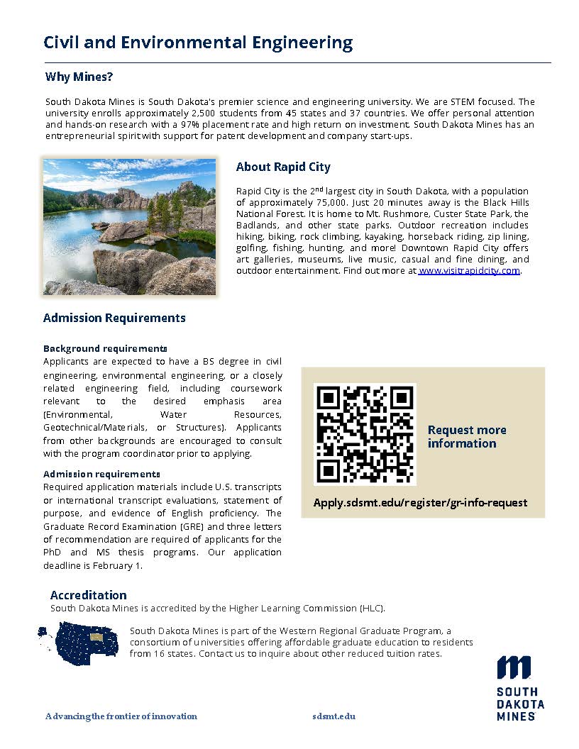 SDSMT_GradEdu's tweet image. Program Feature Friday! Today we present our Civil and Environmental Engineering program. Do you or someone you know have an interest in this program? Please contact Dr. Robinson. #SouthDakotaMines #civilengineering #environmentalengineering