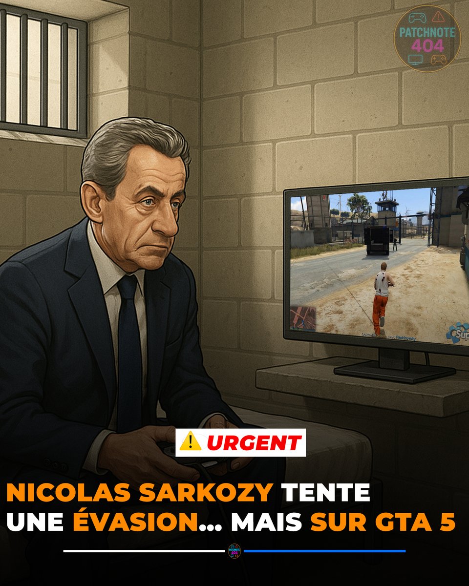 PatchNote_404's tweet image. 🚨 NOUVELLE ÉVASION EN PRISON ! 😳
Selon plusieurs sources très peu fiables (nous, en gros 😭),
Nicolas Sarkozy aurait été aperçu en train de jouer à GTA 5 dans sa cellule. 🎮

D’après les gardiens, tout allait bien jusqu’au moment où il a lancé une mission d’évasion…
et aurait…