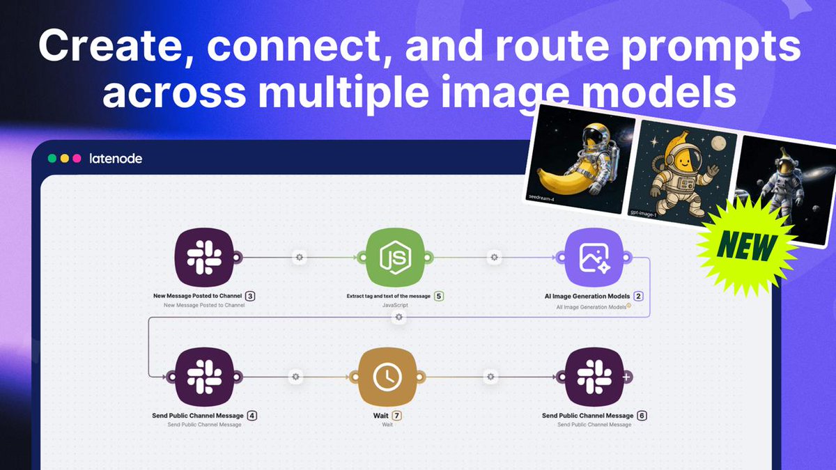 latenode's tweet photo. 🎨 Generate Stunning Images at Scale – New AI Image Generation Router Node in Latenode

Create, route, and scale AI-generated images - automatically.

The AI Image Generation Router connects multiple AI image providers in one node, ensuring reliability, scalability, and the best results every time.

✨ What you can do:
- Generate visuals for campaigns, posts, and products
- Route prompts across image APIs like Nano Banana, Grok or Midjourney
- Automate delivery straight to your CMS or Slack

⚡ Try our ready-to-use AI Image Generator Template and start scaling your creative workflows today:
https://t.co/sRgTqL9gRF

#Latenode #AI #Automation #NoCode #AIAgent #WorkflowAutomation #ImageGeneration #CreativeAutomation