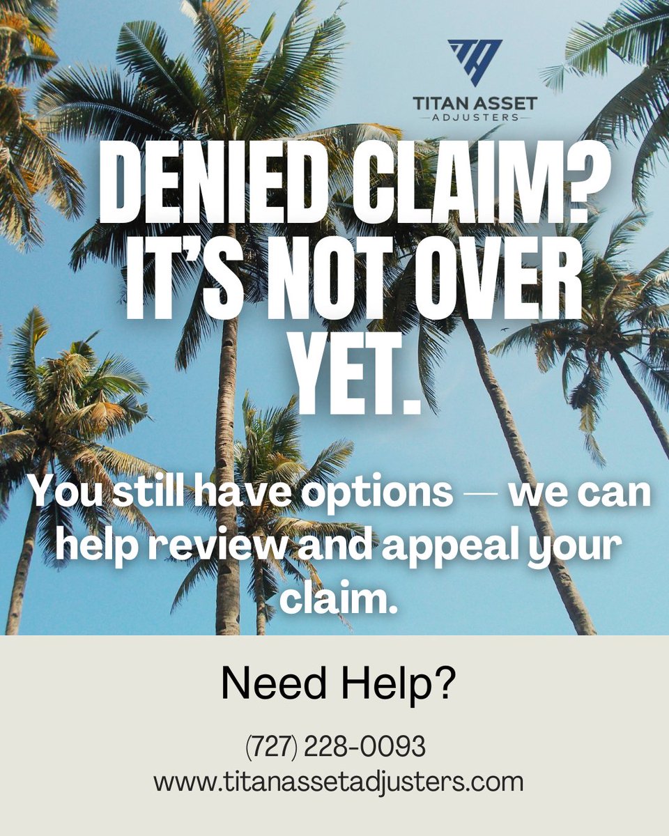 Titan_Asset's tweet image. Denied claim? Don’t give up yet. 💪
We can help review, appeal &amp;amp; fight for what you deserve.

📞 (727) 228-0093
🌐 titanassetadjusters.com

#DeniedClaimHelp #PublicAdjuster #TitanAssetAdjusters