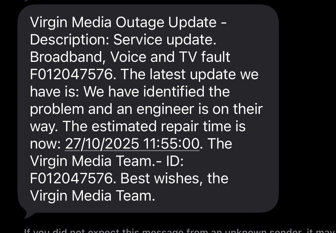 Fo_786's tweet photo. @virginmedia  how is a 6 day total loss of service acceptable in this day and age.
Surely you should be putting all efforts into resolving this including out of hours work. 
Virgin Media Outage Update - Description: https://t.co/CccM3OH4re