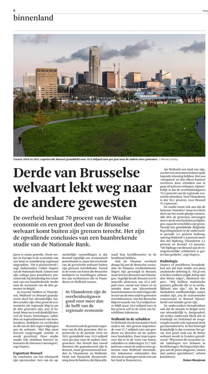 Wat een economische onzin! Tegenover geldstromen staan tegenprestaties. Alsof er welvaart “weglekt” bij import. 🙄
Voor het geld dat “weglekt” uit Brussel, “lekken” er goederen en diensten terug.

Transfers zijn wel “lekken” zonder tegenprestatie: 8,5 miljard/jaar uit Vlaanderen!