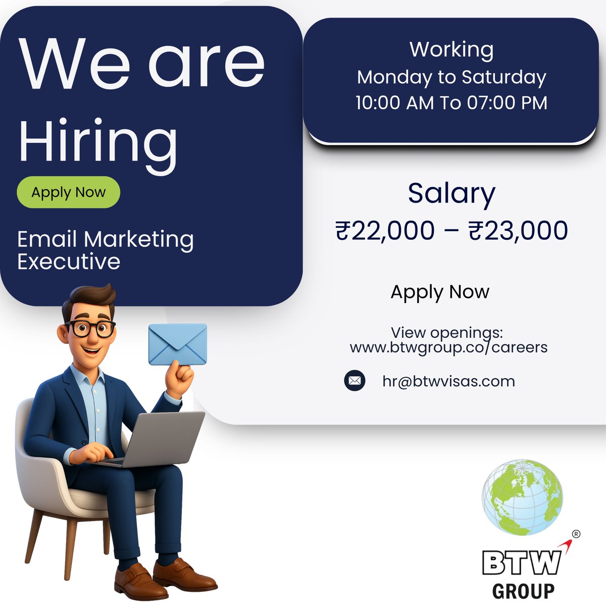 btwgroupco's tweet photo. BTW Group is hiring! 
Open positions: Email Marketing, Sales, &amp; Travel Insurance roles.
Grow your career with us — apply now! 

#WeAreHiring #BTWGroup #JoinOurTeam #CareerGrowth #JobOpportunity #HiringNow https://t.co/8iaYOEJmye