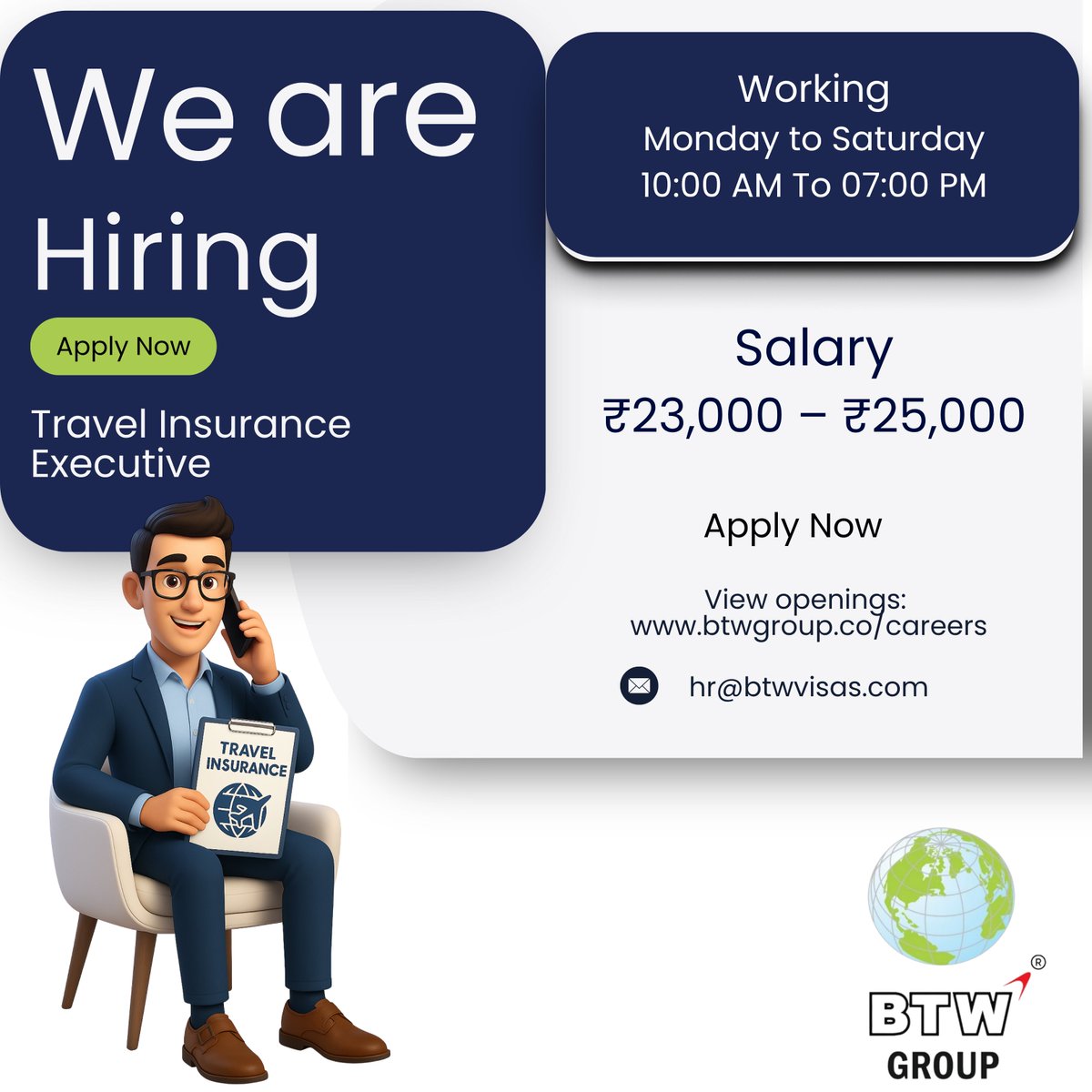 btwgroupco's tweet photo. BTW Group is hiring! 
Open positions: Email Marketing, Sales, &amp; Travel Insurance roles.
Grow your career with us — apply now! 

#WeAreHiring #BTWGroup #JoinOurTeam #CareerGrowth #JobOpportunity #HiringNow https://t.co/8iaYOEJmye