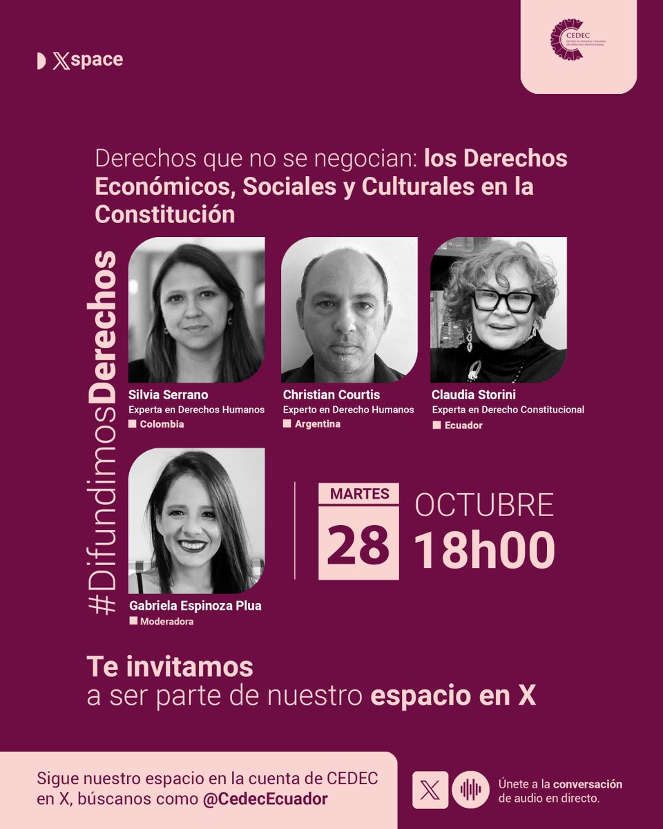 ¿Por qué los derechos económicos, sociales y culturales no se negocian?

🎧 Descúbrelo en el nuevo XSpace junto a 🇨🇴 <a href="/silviajserranog/">Silvia Serrano</a>, 🇦🇷 Christian Courtis, 🇪🇨 <a href="/CStorini/">Claudia Storini</a>.

🗓️28/10/2025
⏰18h00
🎙 Moderadora: Gabriela Espinoza (<a href="/gabrielitaep/">GEP</a>)
🔗Únete: x.com/i/spaces/1Mnxn…