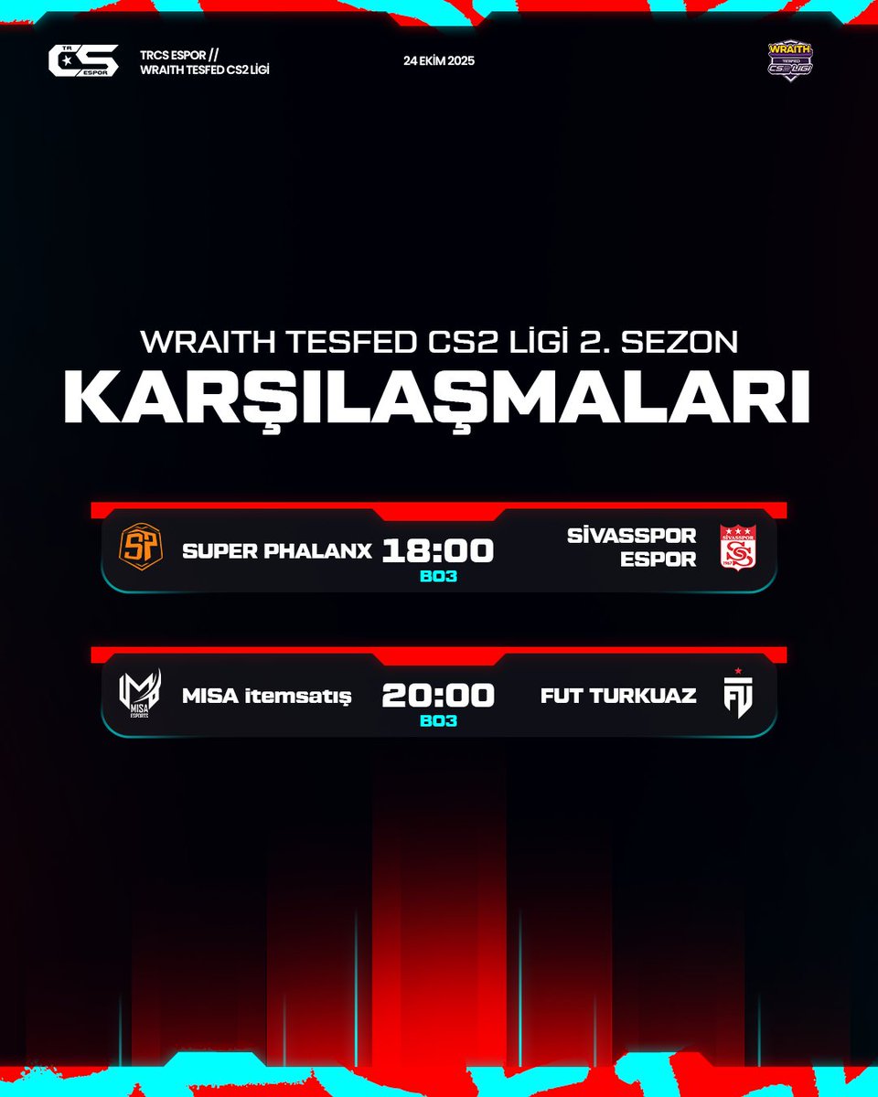 trcsespor's tweet image. 🔥 Wraith TESFED CS2 Ligi'nin 2. haftasının son maçklarıyla devam ediyor!
İzlemek için:
📺 htwitch.tv/tesfed
📺 kick.com/tesfed
📺 youtube.com/@tesfedcs2ligi