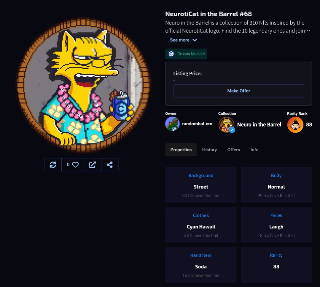 We've just reached our 270th NFT sold! Total minted 87%!
Thanks for purchasing! 
Rarity rank: 88!🔥

app.ebisusbay.com/drops/neuro-in…

1️⃣I remind you that you can join our Discord and receive #Rewards based on the NFTs and our $NEURO token you hold!!

discord.gg/neuroticat

2️⃣Also there