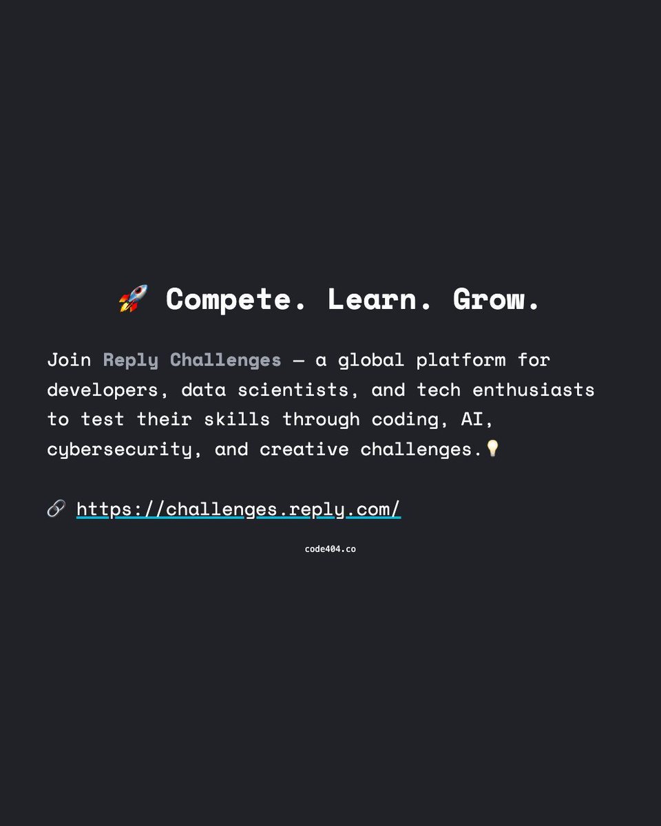code404_co's tweet image. 🚀 Compete. Learn. Grow.

Join Reply Challenges — a global platform for developers, data scientists, and tech enthusiasts to test their skills through coding, AI, cybersecurity, and creative challenges. 💡

🔗 buff.ly/eZW1Oj2

#CodingChallenge #Developers #Hackathon
