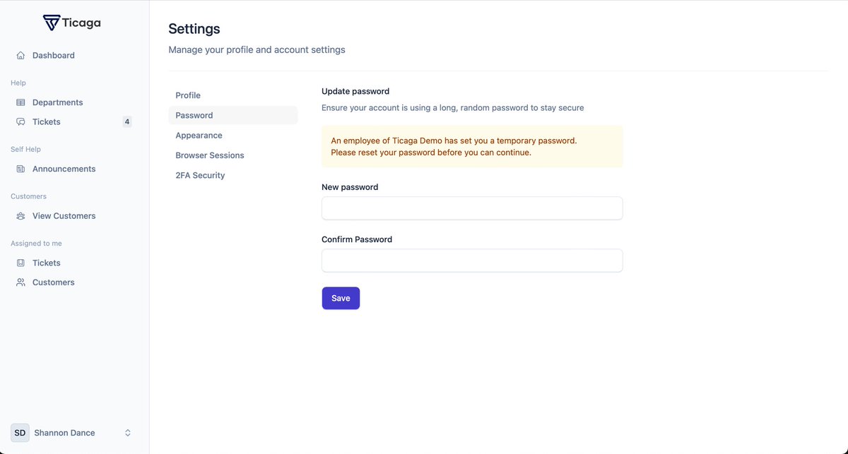 You can now create new customers directly in Ticaga without requiring them to go through the registration page or API.
When you create a customer account, users will be prompted to set a new password.
This streamlined process is particularly useful for onboarding new employees.