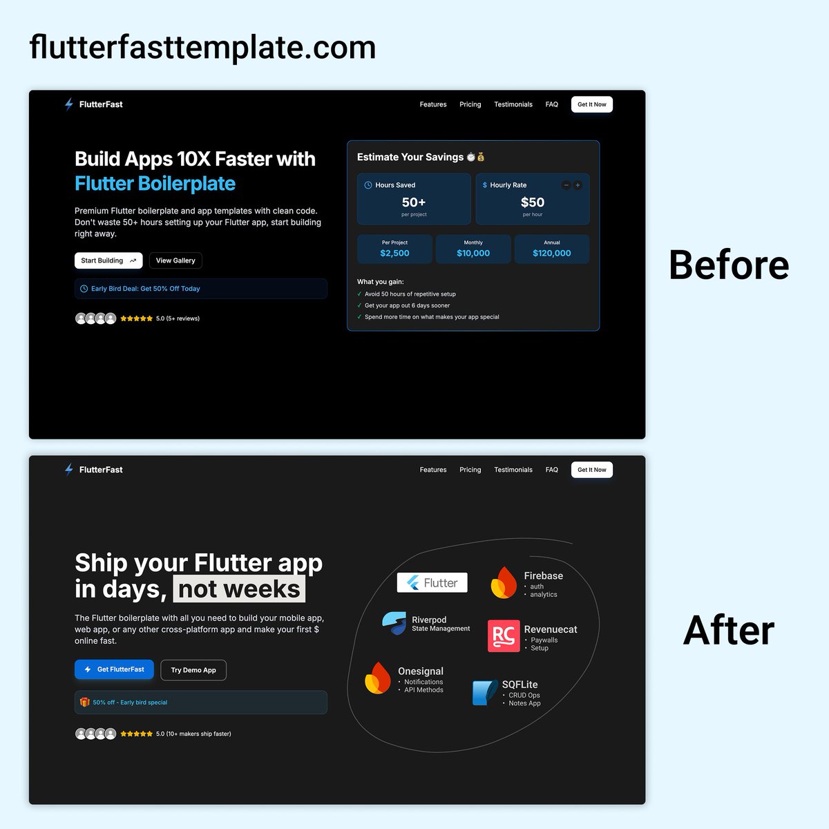 Mehroz__sheikh's tweet image. Which one is better?
Visit flutterfasttemplate.com and share your feedback, on anything from the design to the pricing.
#buildinpublic #flutter #flutterdeveloper #android #ios #mobile