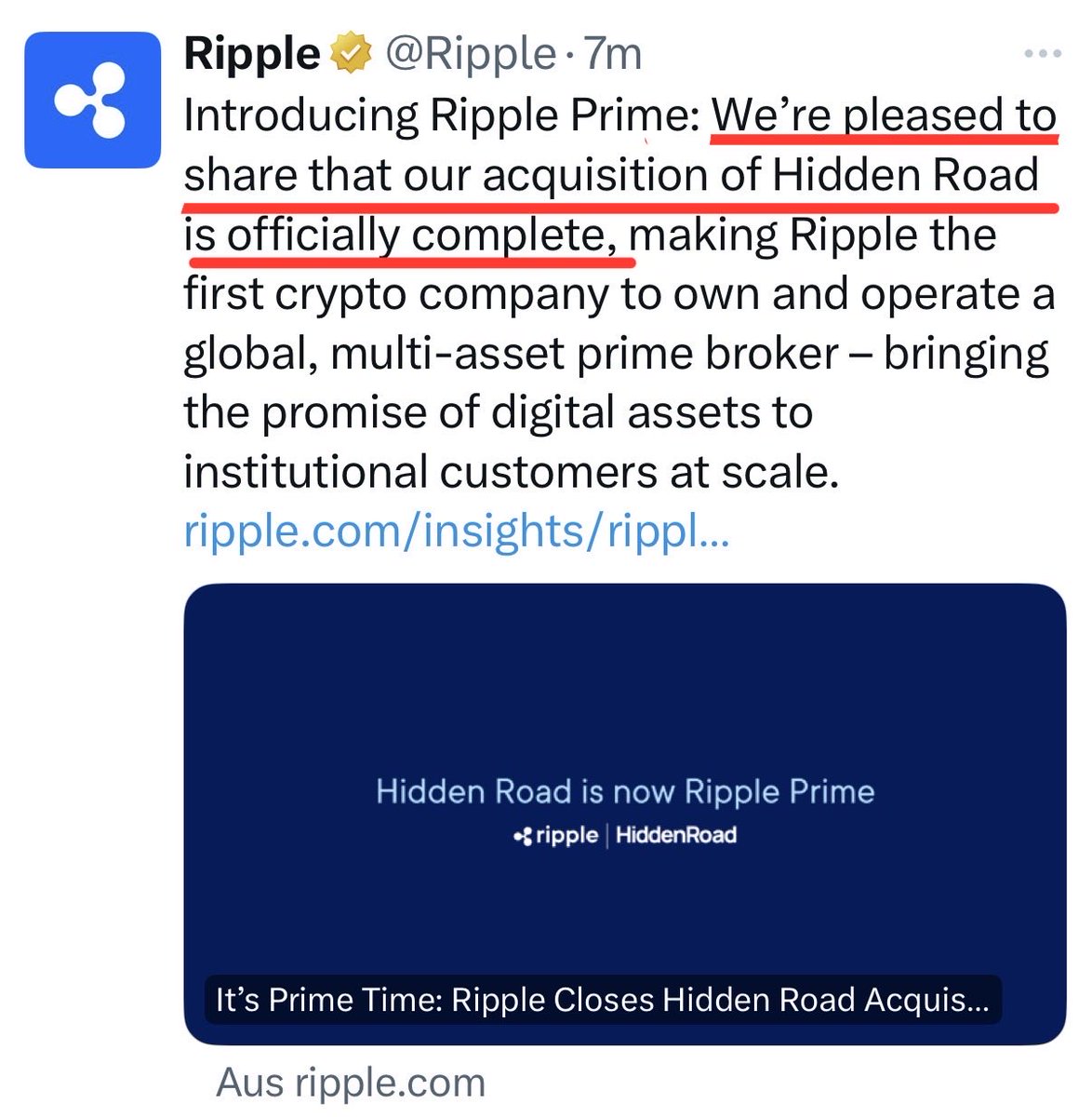 _Crypto_Barbie's tweet photo. 🚨 BREAKING NEWS:

Ripple has officially completed its acquisition of Hidden Road! 🙌🏼 

Ripple is now the first crypto company to own and operate a global, multi-asset prime broker! 📊 #XRP 

https://t.co/VKHcYSiNdl https://t.co/zmLEzedmLW