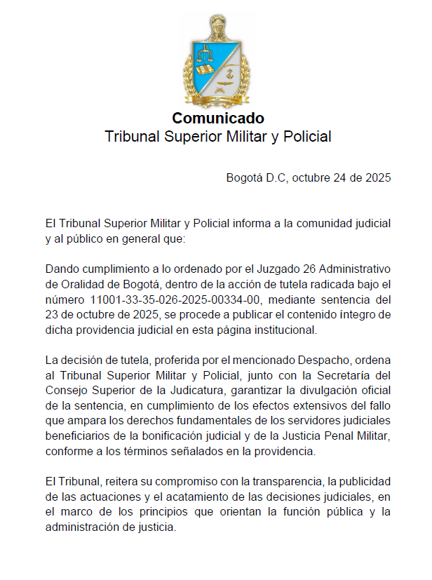 TribunalJPMPCol's tweet photo. Este Colegiado, da cumplimiento a lo ordenado por el Juzgado 26 Administrativo de Oralidad de Bogotá, dentro de la Acciòn de Tutela radicada No. 1101-33-35-026-2025-00334-00 @JPMP_Colombia, https://t.co/DE6I0KTOt2