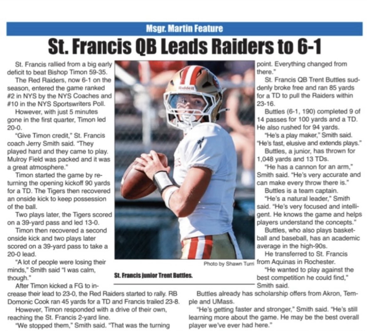 Nice write up on QB1 <a href="/The_Tbuttles1/">Trent Buttles</a> 

#RollRaiders 🏴‍☠️