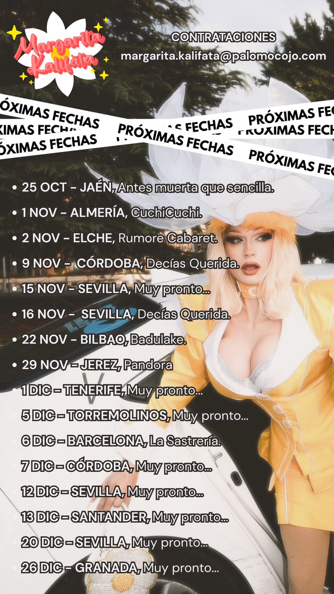 AMORES ❤️
¿QUERÉIS A LA TATA EN VUESTRA CIUDAD?

Os dejo por aquí mi calendario de próximos shows 🌼✨

Yo ya me he pedido el taxi pa ir a veros nenas!!!
No me faltéis florecillas mías, que yo estoy deseando conoceros ❤️‍🩹🫂

Para contrataciones: margarita.kalifata@palomocojo.com