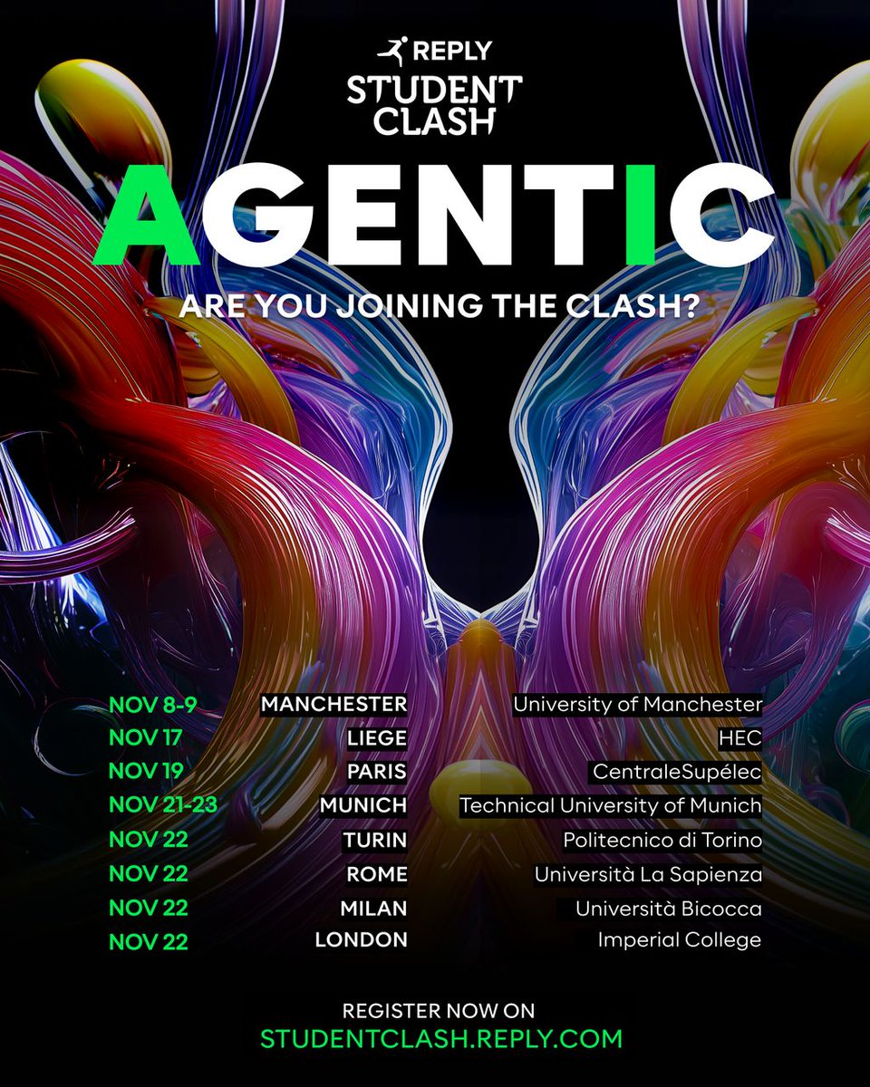 ReplyULabs's tweet image. Here we go: registrations are now open for the Reply #StudentClash 2025! ✨

This year, the ultimate challenge between top European Universities takes you into the world of #AgenticAI!

Create, explore, and compete to build the ultimate AI agent alongside some of the most…