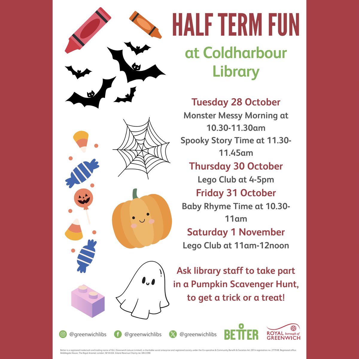 GreenwichLibs's tweet image. Join the fun this coming #HalfTerm at #ColdharbourLibrary! There’s lots of spooky 👻 things happening, including monster messy morning, story time, Lego building and a Pumpkin themed scavenger hunt! 🎃 Ask staff to take part and get your trick or treat! 🍬 #LoveYourLibrary