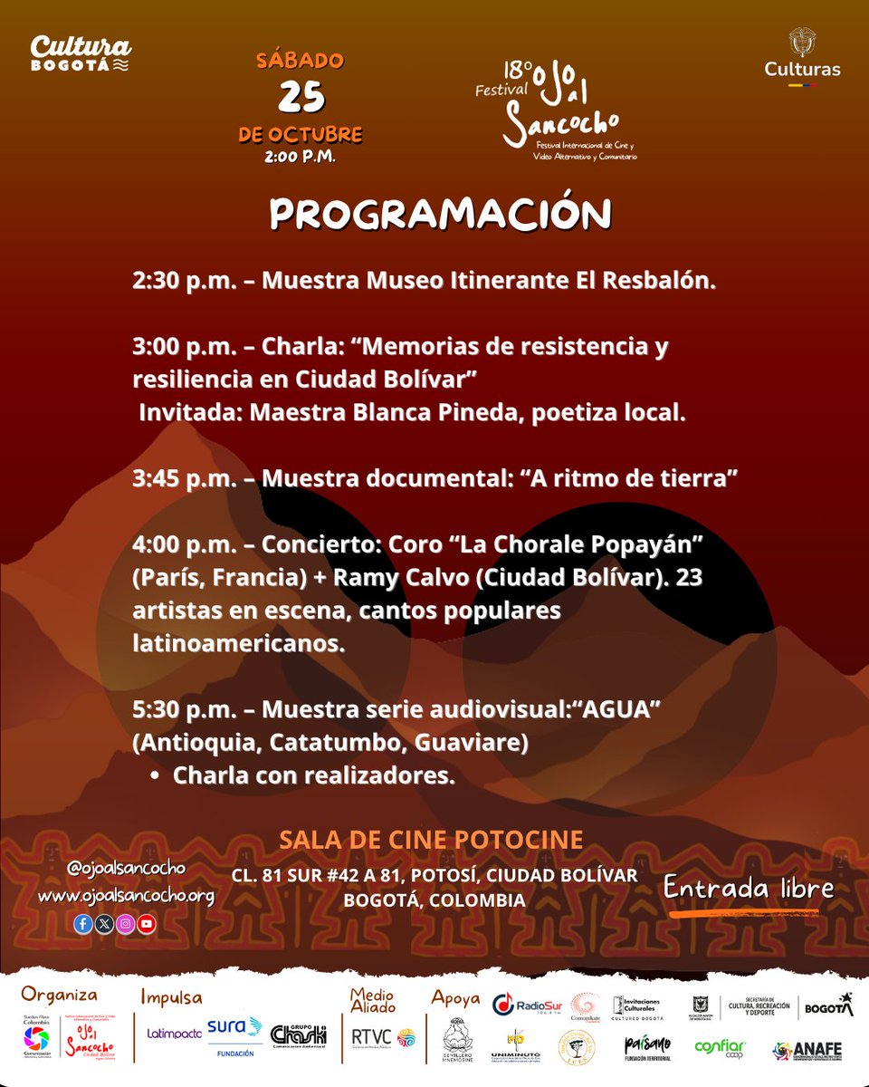 Programación – Sala de Cine Potocine | Sábado 25 de octubre 2025
Concierto: Coro “La Chorale Popayán” (París, Francia)+ Ramy Calvo (Ciudad Bolívar). 22 artistas en escena, cantos populares latinoamericanos.
Ciudad Bolívar, Bogotá | 2:00 p.m. | Entrada libre y gratuita