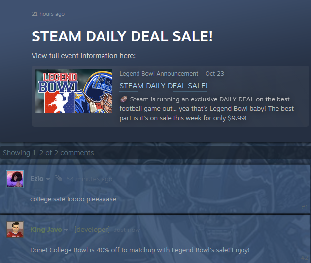 We've decided to put College Bowl on sale to compliment our Legend Bowl sale on <a href="/Steam/">Steam</a> 

Thanks to Ezio for suggesting it!😉 Let's play some football!

store.steampowered.com/app/1226160/Co…