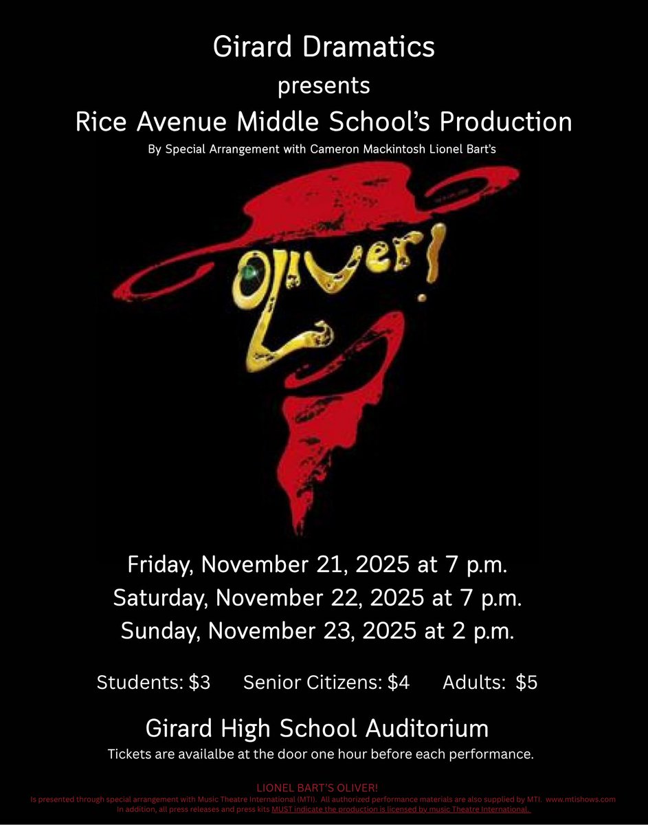 Mark your calendars and save the date for Oliver - Rice Avenue Middle School Production.  #GirardBuzz