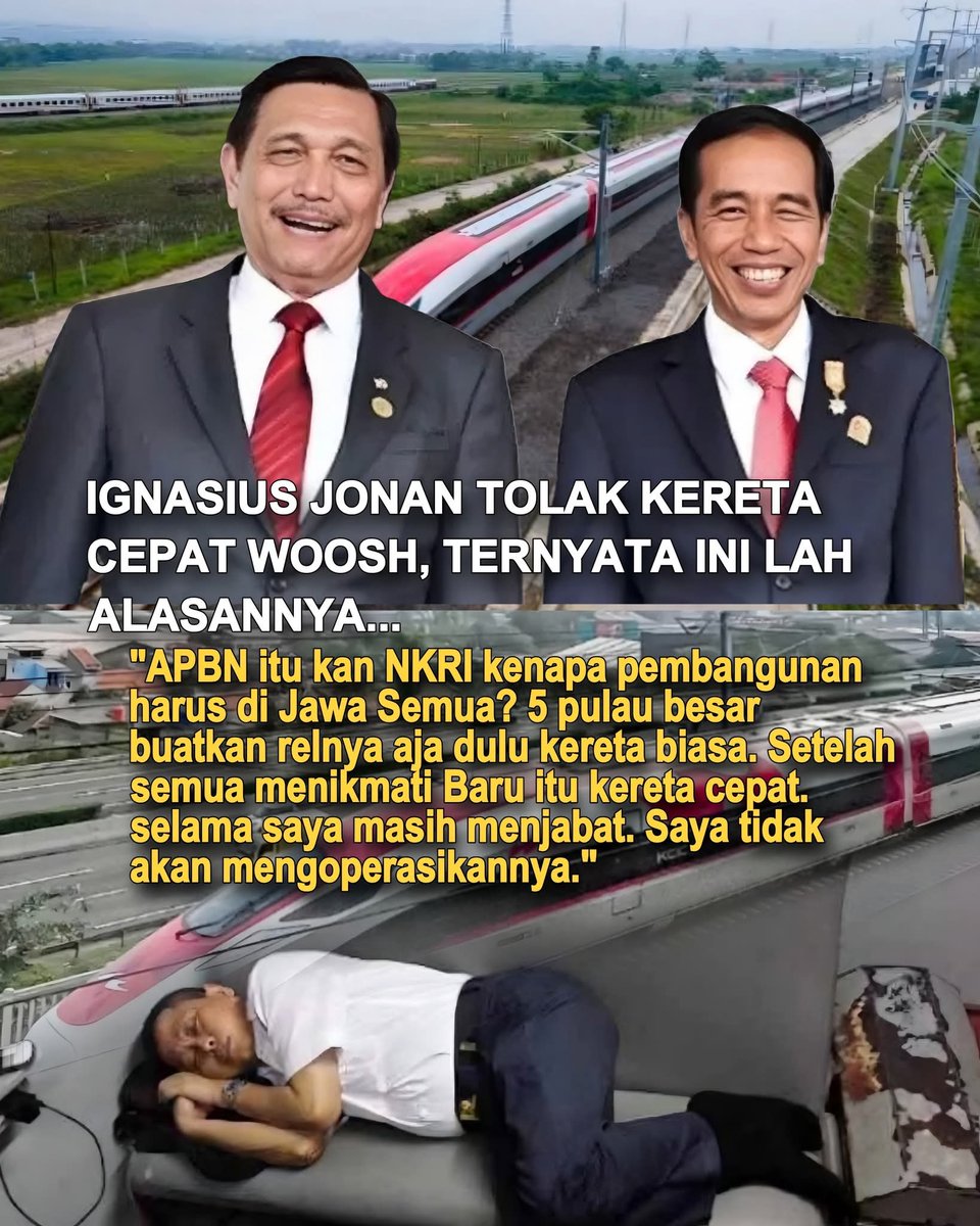 Ignasius Jonan ya saat itu Dirut PT KAI dengan tegas menolak kereta cepat.
pembangunan harus di Jawa Semua. 5 pulau besar buatkan relnya aja dulu kereta biasa. Setelah semua menikmati Baru itu kereta cepat. selama saya masih menjabat. Saya tidak akan mengoperasikannya."