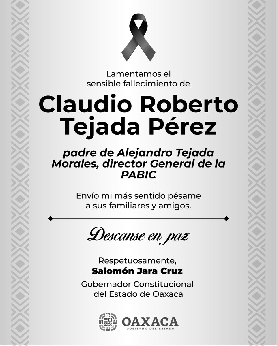 Envío mi más sentido pésame a Alejandro Tejada Morales, director general de la PABIC, por el sensible fallecimiento de su padre, Claudio Roberto Tejada Pérez. Descanse en paz.

Un abrazo fraterno y mi solidaridad ante esta pérdida irreparable.