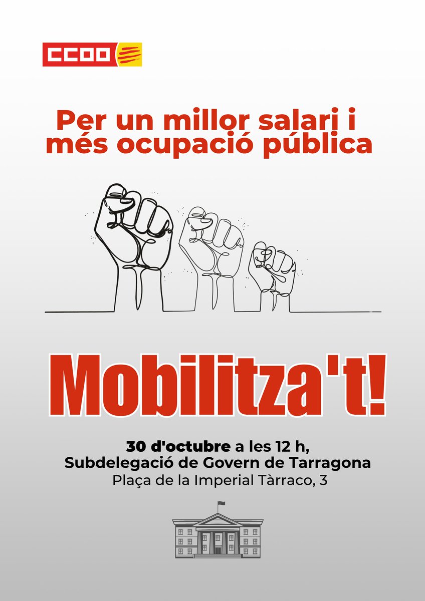 El 30 d'octubre sortim al carrer per lluitar pels nostres drets:
💰Pujada salarial
🕒35 h setmanals
👌Feina i serveis públics de qualitat
#ServeisPúblicsDignes
