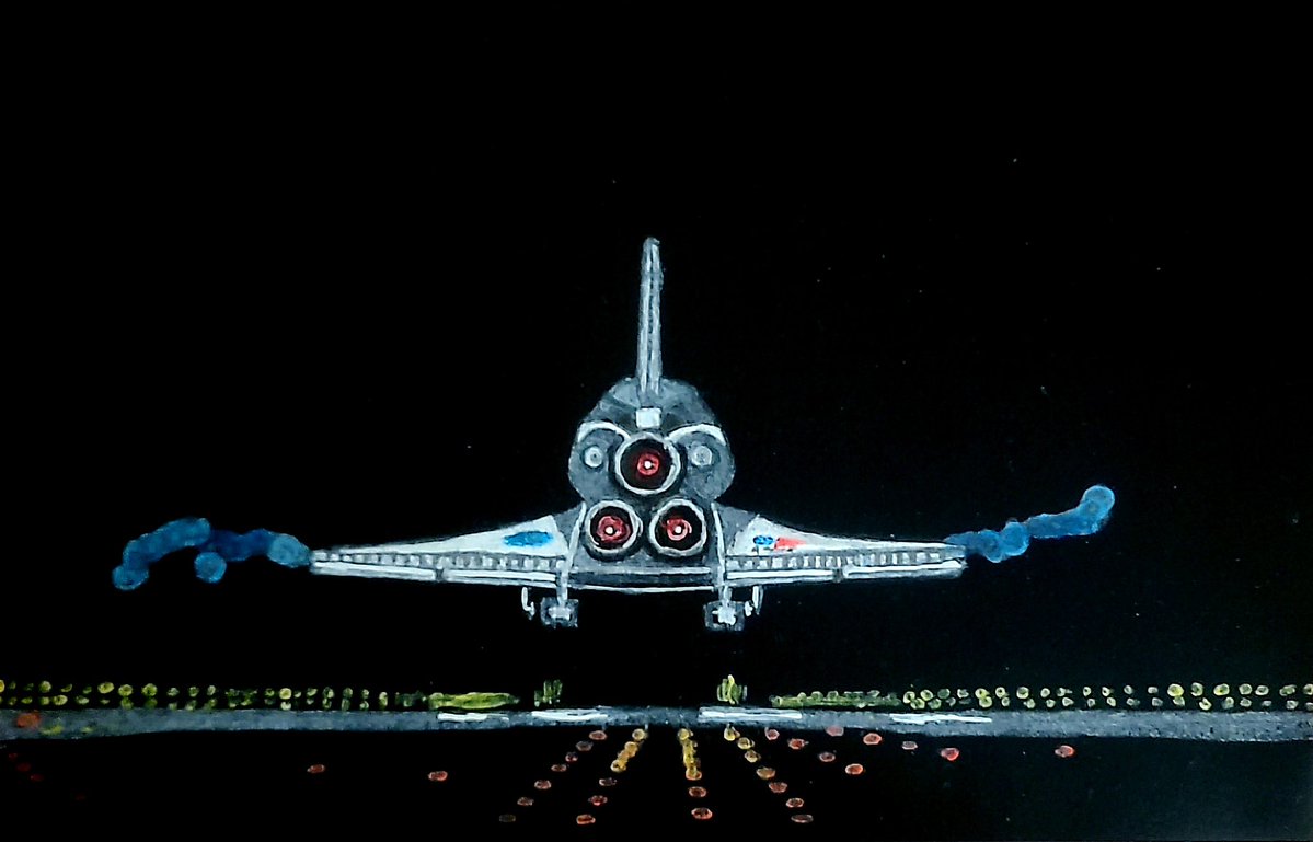 remays's tweet image. #SpacetoberChallenge_05
#SpacetoberChallenge

Day 24- #Jet #Plane

&quot;Final Descent&quot;

#STS135 #ShuttleAtlantis touchdown at @NASAKennedy, July 21, 2011, marking the end of the #spaceshuttle program.

#watercolorart