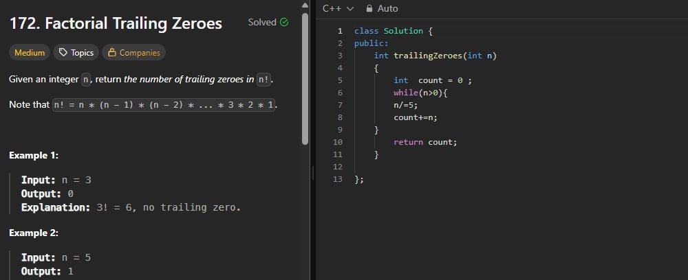 Shomyavk_2101's tweet image. Day 12 of my #150DaysLevelUp with @siamjuit
Solved a classic LeetCode problem: Factorial Trailing Zeroes. Focused on sharpening my logic and number theory skills.
#LeetCode #CodingChallenge #Programming
